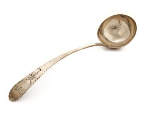 * Soup ladle. An 18th century American silver soup ladle by John Walraven, Baltimore c.1790, engraved with initials and a bri