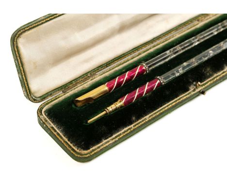 * Pen set. A fine 19th century French pen set, comprising a dip pen and propelling pencil each with a cut glass stem and red 