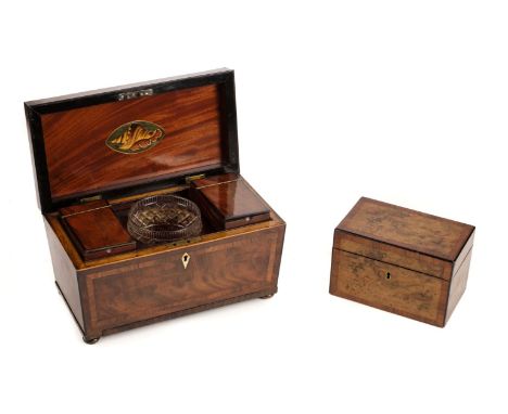 * Tea Caddy. A Regency mahogany tea caddy, of sarcophagus form with rosewood crossbanding, the inner lid inlaid with a conch 