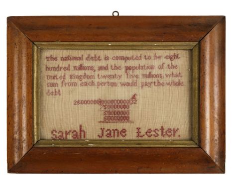 * Sampler. An unusual mathematical needlework by Sarah Jane Lester, circa 1840, stitched in red cotton thread 'The national d