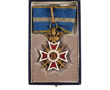 * Romania, Kingdom. Order of the Crown, 2 nd type, Commander’s neck badge with swords, gilt metal and enamel, with short leng