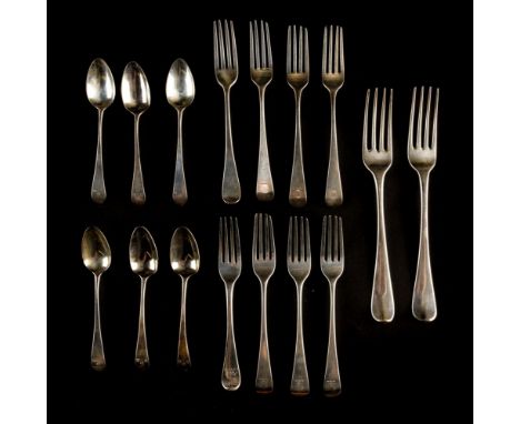* Forks. A collection of George III forks, comprising a set of six dessert forks, by NH, London 1798, each engraved with a fa