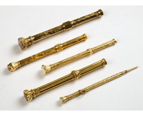 * Gold Pencils. A collection of 5 Victorian yellow metal propelling pencils, including 2 Sampson Morden &amp; Co, one with a 