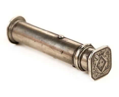 * Desk seal. A mid 18th century French white metal desk seal, with hollow cylindrical tube and square seal with intaglio coat