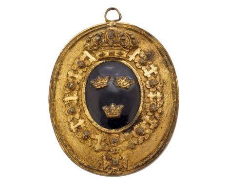 * Sweden. Royal Courier Badge, 1811, the oval gilt metal badge with three crowns on a blue enamel ground, the reverse engrave