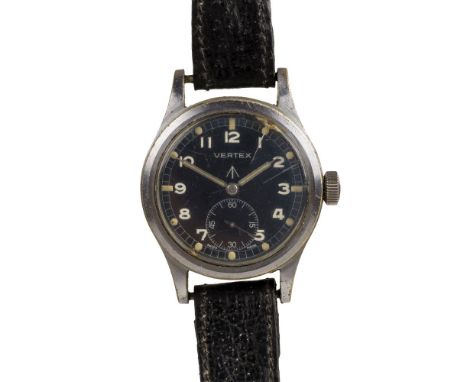 * Wristwatch. A WWII Vertex "Dirty Dozen" military wristwatch, the circular black dial with arabic numerals and luminous mark
