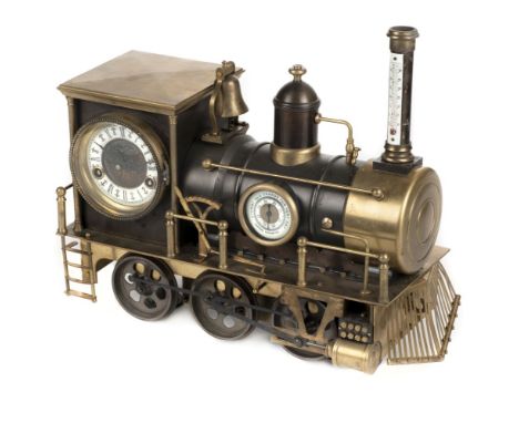 * Locomotive clock. A fine French automaton clock c.1900, the brass case with circular enamel dial with black Roman numerals 