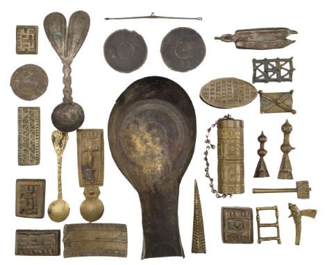* Ashanti. A collection of gold weights and related items, comprising, a pair of scales, 10 gold dust spoons, 5 gold dust box