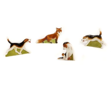 * Royal Worcester. A collection of fox hunting menu holders, comprising a fox (2956) with 'Henry Sandon Collection' to verso,