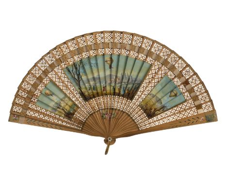 * Early Ballooning. An 18th century French fan commemorating air balloon flights in France, 1783, the fan with 30 fine wooden