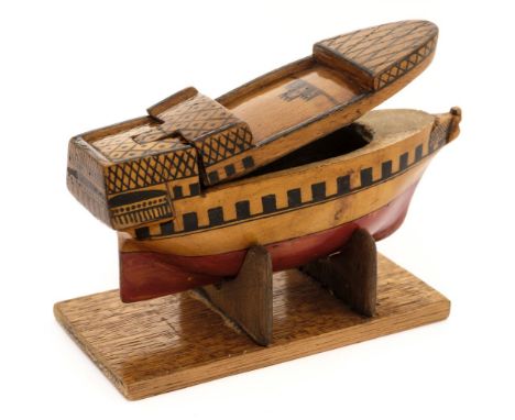 * Snuff box. A Napoleonic period wooden prison ship snuff box c.1800, the ship with lattice work pen decoration, red hull and