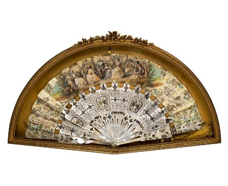 * Fan. A lithographed fan, late 19th century, folding paper fan, hand-coloured lithographed leaf, depicting a seated elderly 