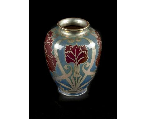 * Pilkington. A Royal Lancastrian pottery vase, the lustre vase with red flowers and silver scrolls, various marks to base an