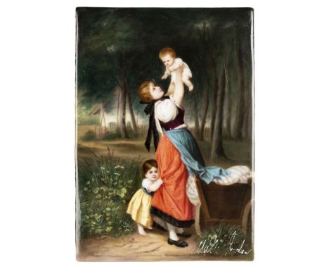 * Porcelain plaque. A young mother and her children in a landscape, mid 19th century, painted porcelain, showing a young peas