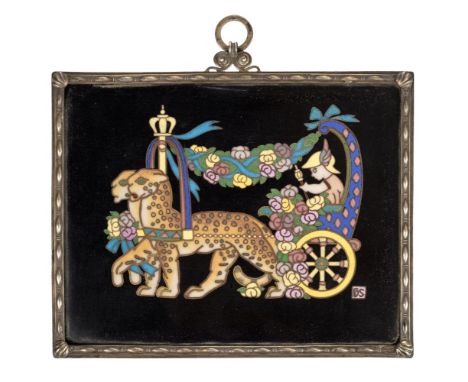 * Stabler (Harold, 1872-1945). A cloisonne enamel plaque 1914, depicting a child in a festooned chariot drawn by two leopards