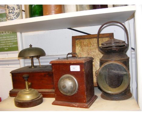 Vintage railway and travel paraphernalia, including a cased road map, lantern and bells 