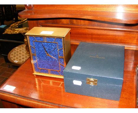 A vintage Jaeger Le Coultre electric mantel clock with lapis lazuli face and original box - 16cms high CONDITION REPORT no ba