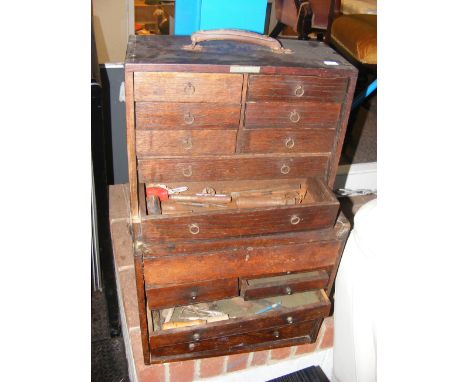 Two vintage wooden tool chests, containing a variety of tools 