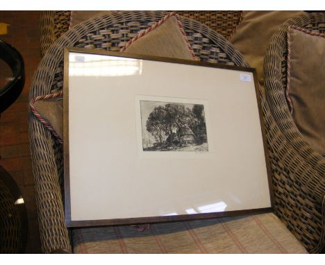 G CLAUSEN - etching entitled 'Cottages Among Trees' 