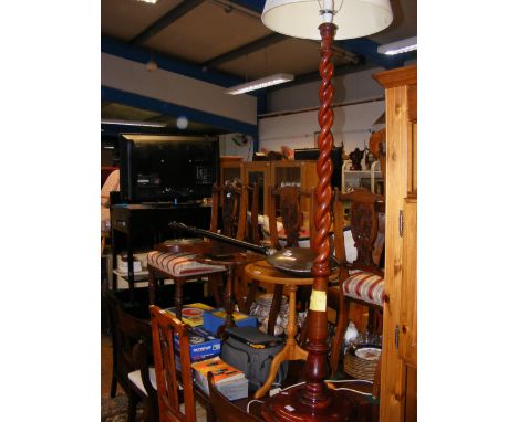 A barley twist standard lamp, two wine tables, a copper bedpan and a barometer/thermometer  CONDITION REPORT We have attached