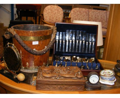 A dinner gong, a bucket, a canteen of cutlery, Rototherm Thermometer, etc. 