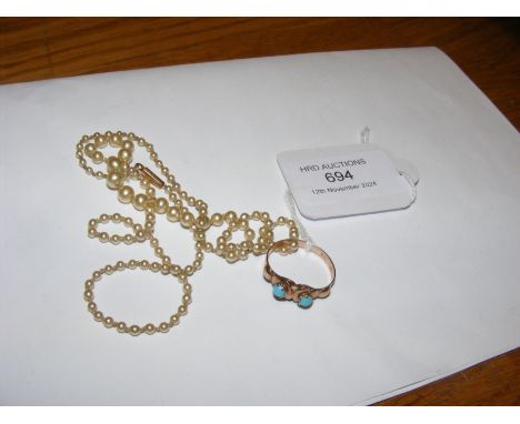 A gold and turquoise two stone ring, together with a vintage pearl necklace