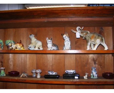 A Royal Dux Elephant, Wade Polar Bear, two Isle of Wight Glass mushroom ornaments and other collectable glass and ceramics - 