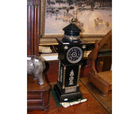 An unusual Victorian slate mantel clock with gilt mounts in the form of a tower - 64cms high