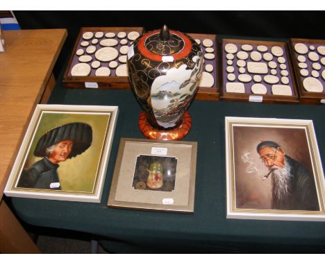 A jade framed and glazed stone, two pictures, together with a vase and cover