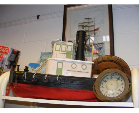 A model 'Jenny Lee' tug boat, vintage brass Sestrel compass, circular cribbage board - bearing initials 'HH' and other boat r