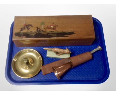 A small group of fox hunting related items, trinket box, ashtray, horn, ceramic fox figure  CONDITION REPORT: Ceramic figure 