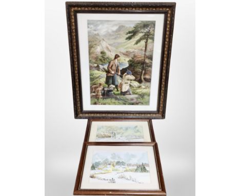 A decorative framed hunting print and a pair of winter landscape watercolours 