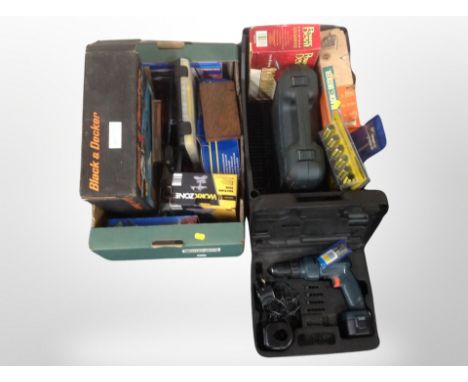 Two boxes of boxed power tools, Black and Decker, Workzone, Screw driver set etc 