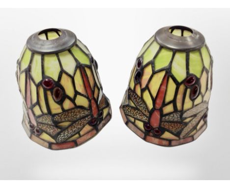 A pair of Tiffany style leaded glass light shades decorated with dragon flys, height 15 cm 