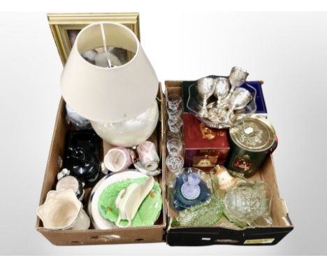 Two boxes of contemporary table lamp, glass ware, silver plated goblets, Bells Decanters (empty) etc 