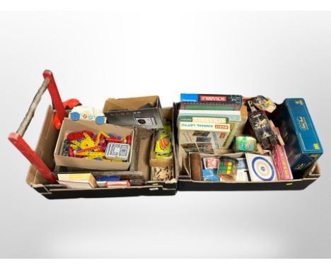 Two boxes of vintage games including board games, Rubik's cube, playing cards, child's pull-along cart etc