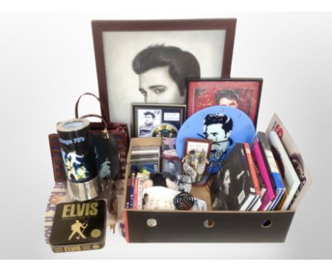 A group of Elvis collectables, CD's, books, figures, portrait print, lamp, bag etc 