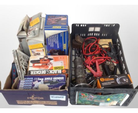 Two boxes of power tools, Black and Decker, Halfords tyre inflator, jump leads, wood working planes, bird feeder 