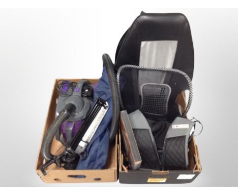 Two boxes of vacuum cleaner, storage bags, anglepoise lamp, gaming seat 