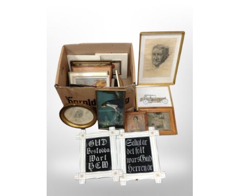 A box of Continental pictures and prints, oil painting portrait study etc 