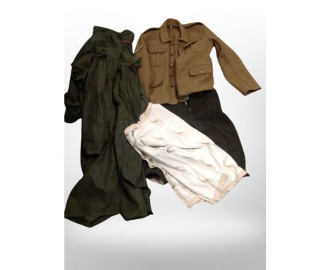 A 20th century army tunic together with a John Field outdoor jacket size XL, pair of shooting breeks, Orvis Nero coat etc 