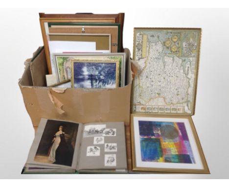 A box of pictures and prints, a map of Cambridge and Suffolk after John Speede, oil on canvas landscape, portrait print of a 