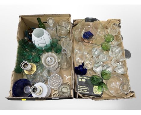 Two boxes of Danish glass ware, lamp bases, vases etc 