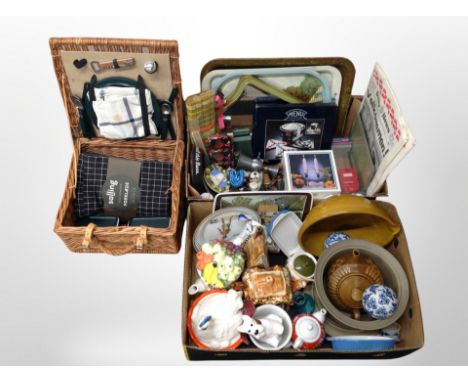 A Danish wicker picnic hamper and two further boxes containing kitchen mixing bowls, ornaments etc 