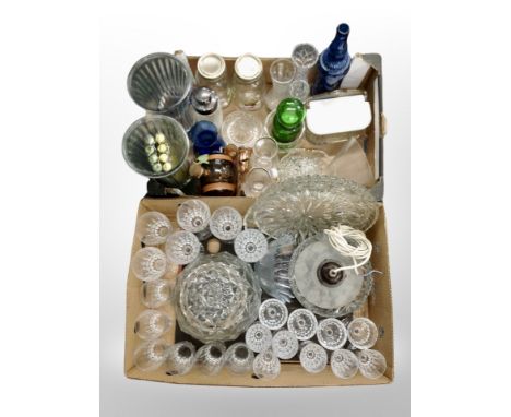Two boxes of Danish glass ware, vases, drinking glasses, large pineapple storage jar, light fitting, quantity of candles 