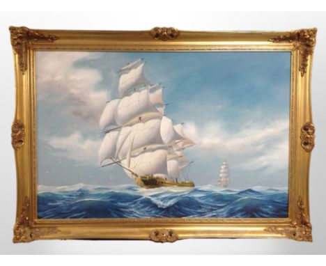 M Grant : Tall ships at sea, oil on canvas, 90 cm x 59 cm 