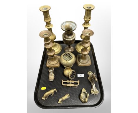 Two pairs of brass candlesticks, Indian enamelled brass vase, door knocker, ornaments etc 