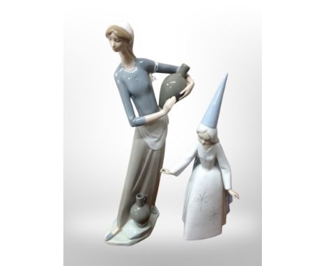 A Lladro figure of a lady carrying an urn together with one other 