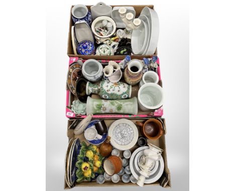 Three boxes of Continental ceramics, Oriental porcelain vases, lamp base, candlesticks, tea china 