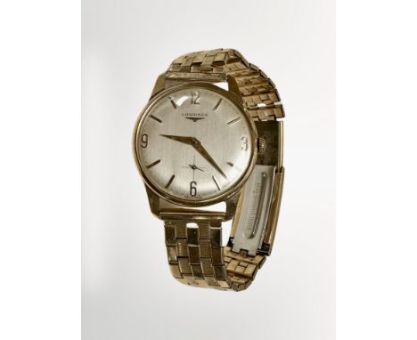 A gent's vintage 9ct gold Longines wristwatch, the 17 jewel lever movement numbered 13,279,838, case 32 mm, on rolled gold br